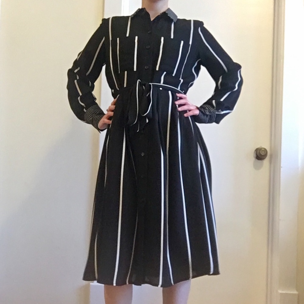 XS black and white striped shirt dress